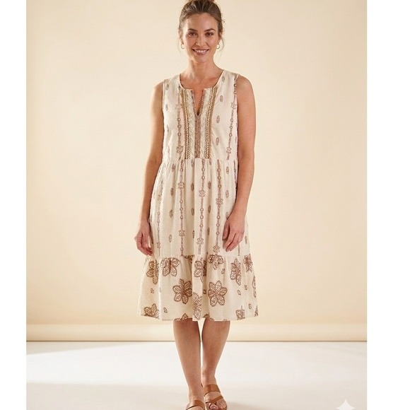J. Jill Dresses & Skirts - J. Jill Dress Womens Size 1X Tiered Boho Floral Lace Pockets Cream Cotton Midi